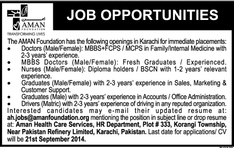 Aman Foundation Karachi Jobs 2014 August for Doctors, Nurses, Sales / Accounts Officers & Drivers