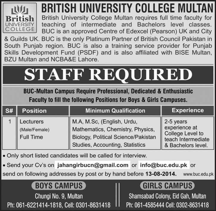 Lecturer Jobs in British University College Multan 2014 August Latest