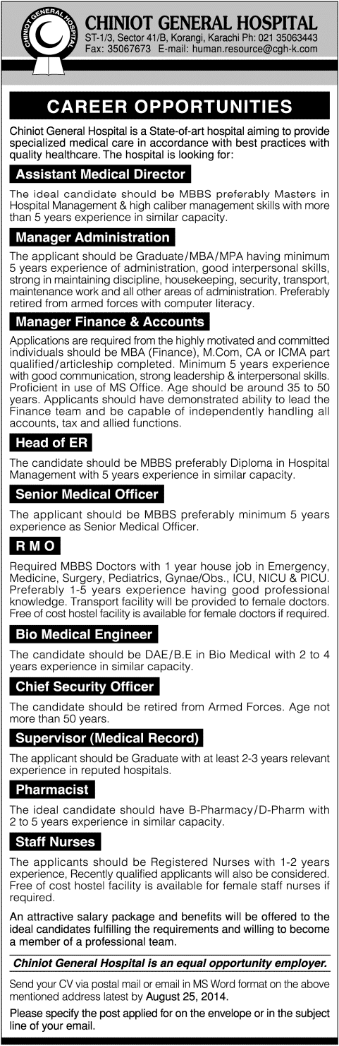 Chiniot General Hospital Karachi Jobs 2014 August Medical, Admin & Paramedical Staff