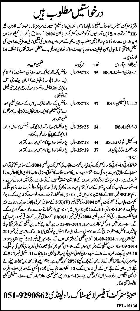 Office of District Officer Livestock Rawalpindi Jobs 2014 August in Livestock Department