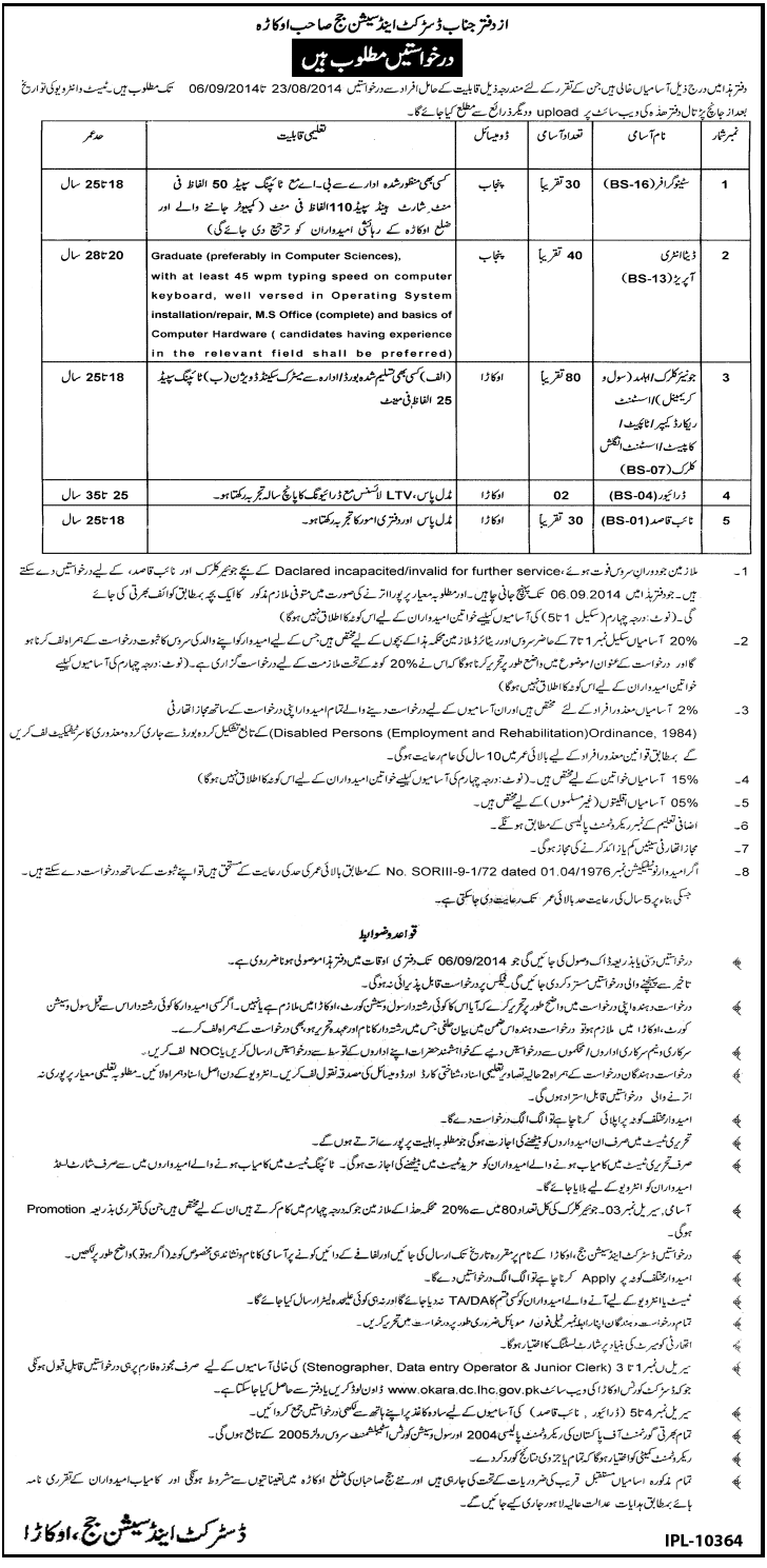 District and Session Court Okara Jobs 2014 August Latest Application Form
