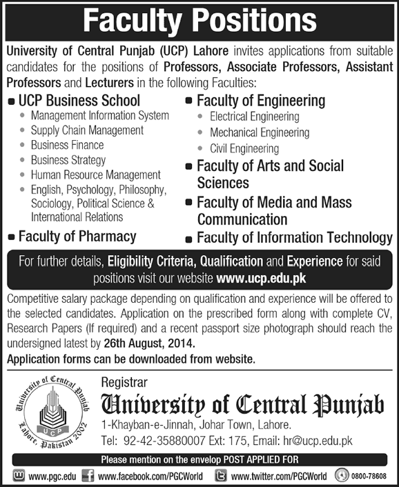 University of Central Punjab Lahore Jobs 2014 August for Teaching Faculty