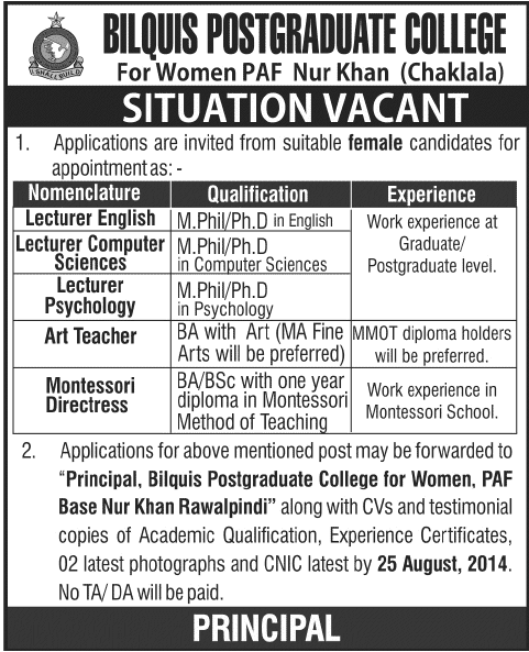 Bilquis Postgraduate College Rawalpindi Jobs 2014 August for Teaching Faculty