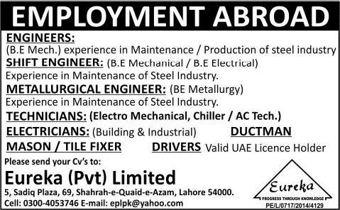 Eureka Pvt. Ltd Lahore Jobs 2014 August for Engineers, Technicians, Electrician & Driver