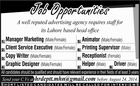 Jobs in Lahore 2014 August for Manager Marketing, Receptionist, Copy Writer, Graphic Designer & Other Staff