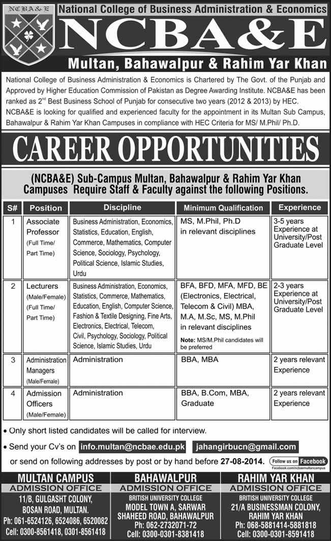 NCBA&E Multan / Bahawalpur / Rahim Yar Khan Jobs 2014 August for Teaching Faculty & Non-Teaching Staff