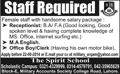 The Spirit School Lahore Jobs 2014 August for English Teacher, Receptionist  & Clerk