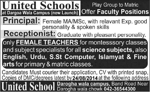 Principal, Receptionist & Teaching Jobs in Lahore 2014 August at United School