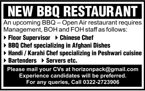 Hotel Jobs in Karachi 2014 August for Floor Supervisor, Chefs, Waiters & Bartenders