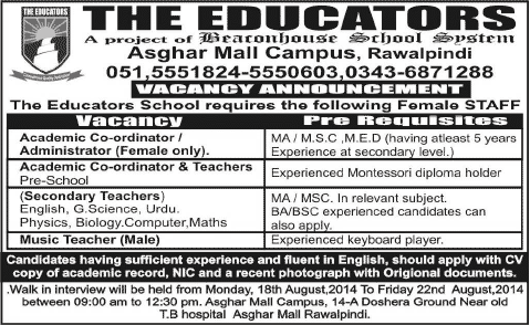 The Educators School Rawalpindi Jobs 2014 August for Teaching Faculty & Non-Teaching Staff