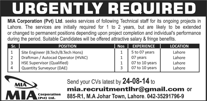 MIA Corporation Jobs 2014 August for Site Engineer, Draftsman, HSE Supervisor & Quantity Surveyor