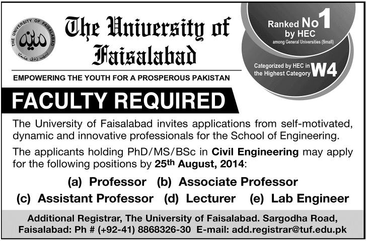 University of Faisalabad Jobs 2014 August for Civil Engineering Teaching Faculty & Lab Engineer