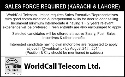 Worldcall Telecom Ltd Lahore / Karachi Jobs 2014 August for Sales Executive / Representative