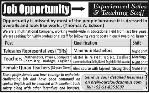 Telesales Representative & Online Teaching Jobs in Rawalpindi 2014 August at Zeb Fortunes Pvt Ltd