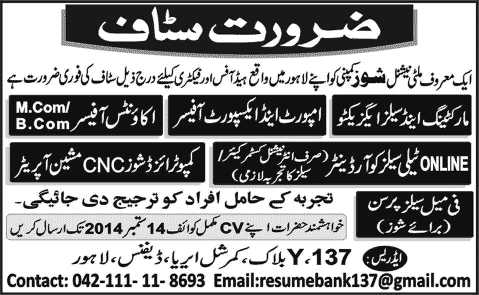 Shoes Manufacturing Company Jobs in Lahore 2014 August for Marketing & Sales, Accounting & Other Staff