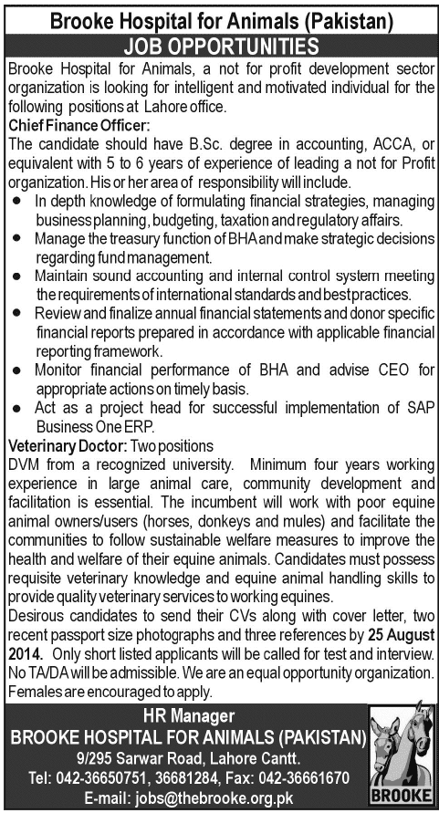 Chief Finance Officer & Veterinary Doctors Jobs in Lahore 2014 August at Brooke Hospital for Animals