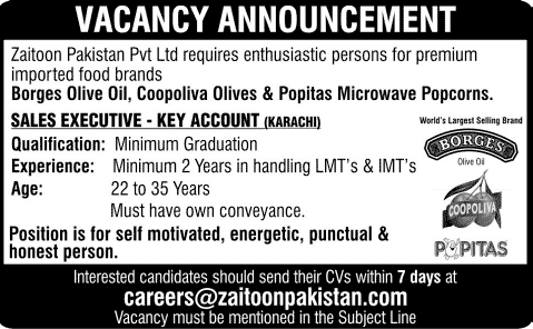 Sales Executive Jobs in Karachi 2014 August at Zaitoon Pakistan (Pvt) Ltd