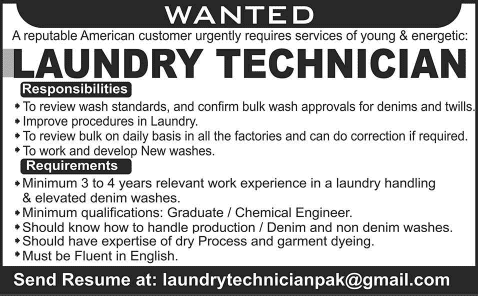 Laundry Technician Jobs in Karachi 2014 August