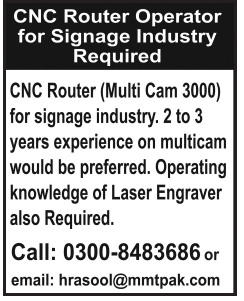 CNC Router Operator Jobs in Lahore 2014 August for Signage Industry