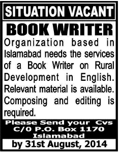 Book Writer Jobs in Islamabad 2014 August PO Box 1170 - Rural Development Foundation