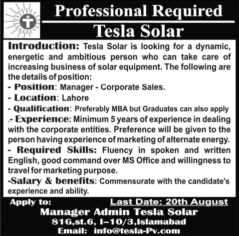 Tesla Solar Lahore Jobs 2014 August for Manager Corporate Sales