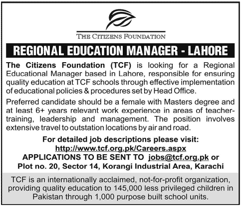 TCF Jobs in Lahore 2014 August for Regional Education Manager