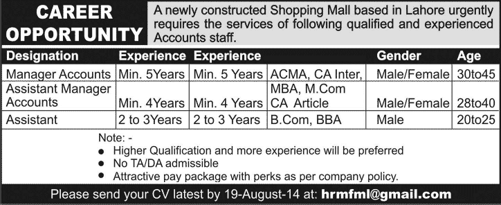 Office Assistant & Accounting Jobs in Lahore 2014 August for Shopping Mall