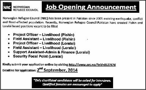 Norwegian Refugee Council Pakistan Jobs 2014 August for Project Officer, Field Assistant & Other Staff