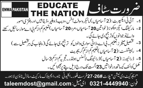 Educate the Nation Lahore Jobs 2014 August for IT Expert, Marketing Executives, Tehsil Managers & Other Staff