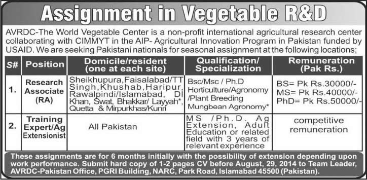 AVRDC Pakistan Jobs 2014 August for Research Associates & Training Experts