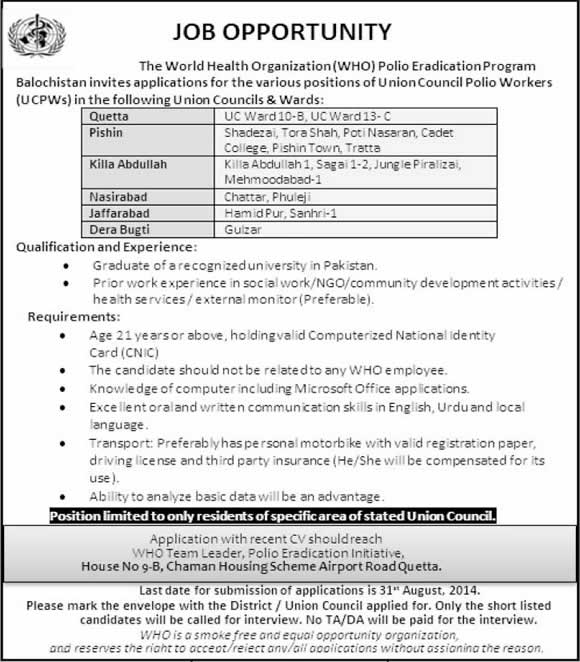 WHO Jobs in Balochistan 2014 August UCPWs for Polio Eradication Program