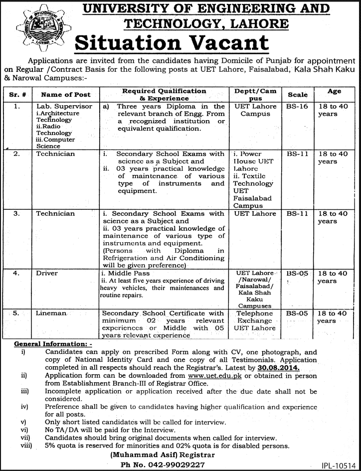 UET Jobs 2014 August for Lab Supervisors, Technicians, Driver & Lineman