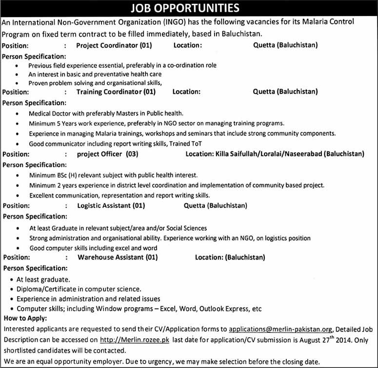 Merlin Pakistan Jobs 2014 August in Balochistan for Malaria Control Program