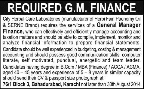General Manager Finance Jobs in Karachi 2014 August at City Herbal Care Laboratories