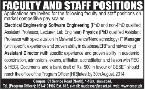 CESET Islamabad Jobs 2014 August for Techning Faculty & Admin Staff