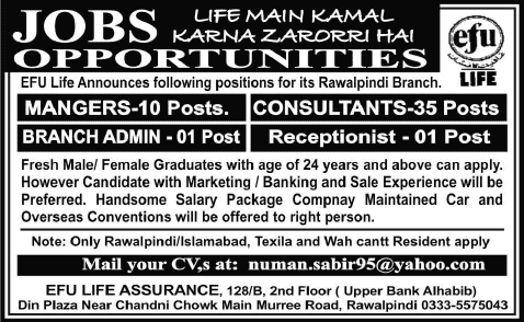 EFU Jobs in Rawalpindi 2014 August Latest for Managers, Consultants, Branch Admin & Receptionist