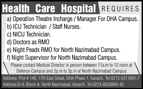 Health Care Hospital Karachi Jobs 2014 August for Medical Officers, Nurse & Medical Technician