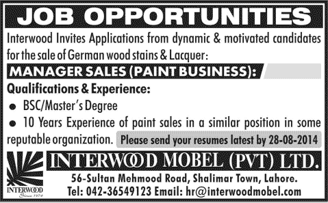 Sales Manager Jobs in Interwood Mobel (Pvt.) Ltd Lahore Jobs 2014 August