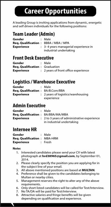 Jobs in Multan 2014 August for Admin / Logistics / Front Desk / Warehouse Executives & Internee HR