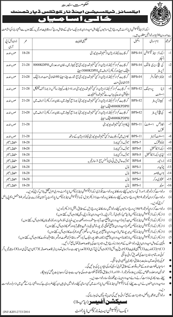 Excise and Taxation Department Sindh Jobs 2014 August Latest