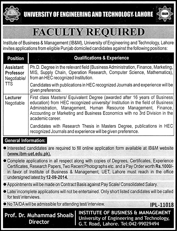 UET Lahore Jobs 2014 August for Teaching Faculty at Institute of Business & Management