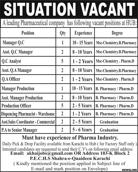 Pharmaceutical Jobs in Hub / Karachi 2014 August / September for Chemist, Pharmacists & Staff