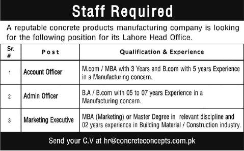 Accounts / Admin Officer & Marketing Executive Jobs in Lahore 2014 August / September at Concrete Concepts