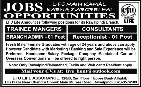 EFU Life Assurance Rawalpindi Jobs 2014 August / September for Trainee  Managers / Consultants & Staff