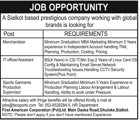 First American Corporation Sialkot Jobs 2014 August / September for Merchandiser, IT Officer & Production Supervisor