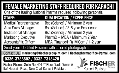 Fischer Pharmaceutical Karachi Jobs 2014 August / September Latest