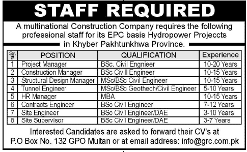 HR & Civil Engineering Jobs in KPK 2014 August / September for Construction Company