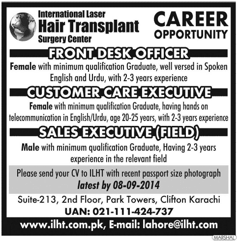 Receptionist, Customer Care / Sales Executive Jobs in Karachi 2014 August / September at Hair Transplant Surgery Center