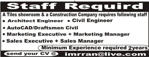 Architect / Civil Engineers and Sales & Marketing Jobs in Lahore 2014 August for Construction Company