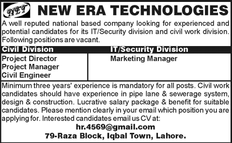 Civil Engineers & Marketing Manager Jobs in Lahore 2014 September at New Era Technologies